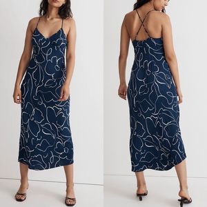 Madewell Navy Blue Floral-Outline Midi Slip Dress